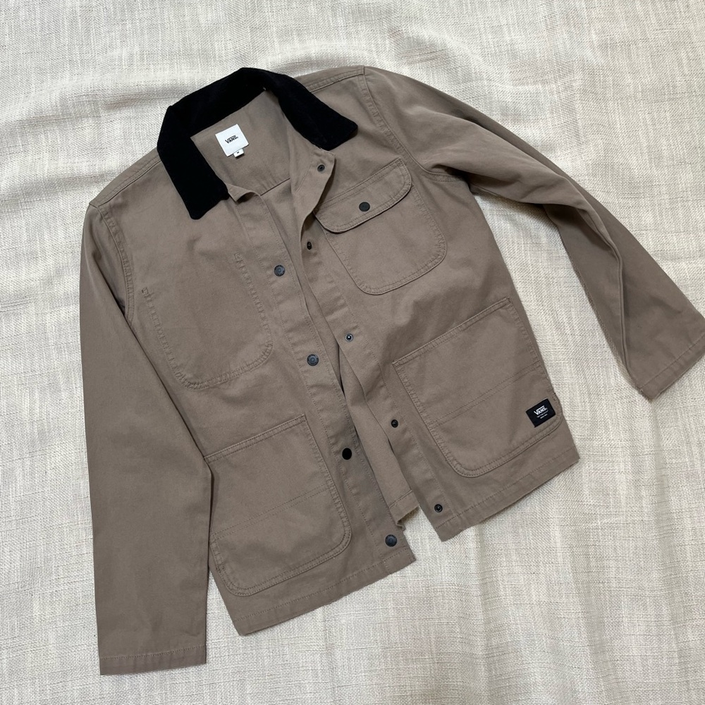Women's Vans Drill Chore Canvas Barn Utility Brown Jacket- black corduroy collar